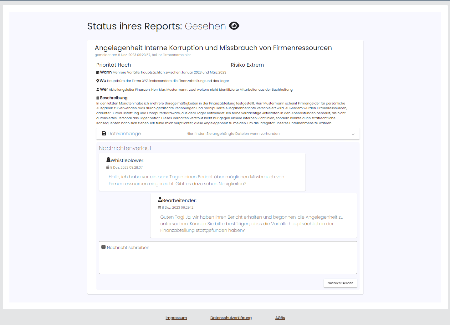 Screenshot: report status view with anonymous chat in the whistleblower system