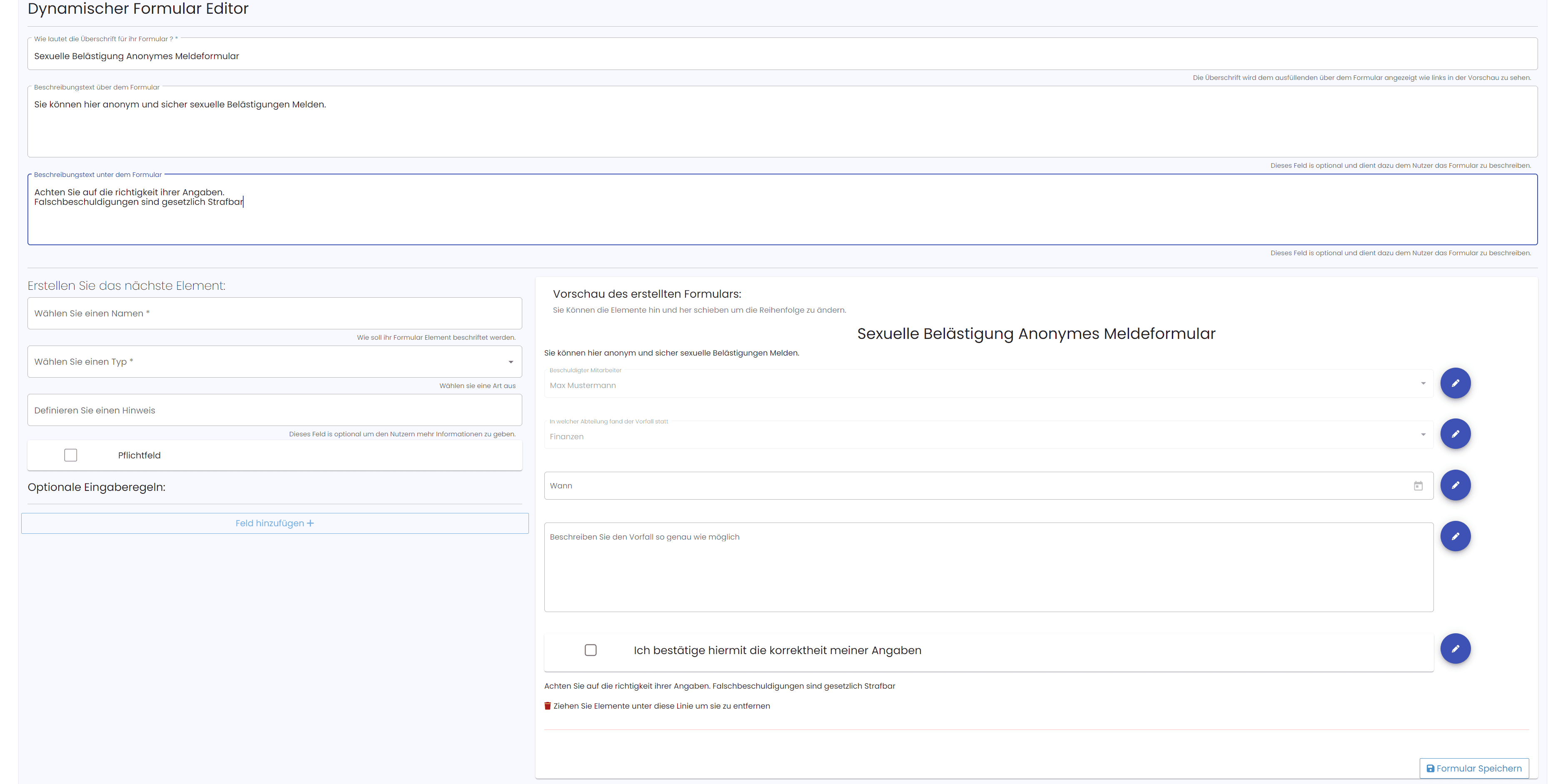 Screenshot: form editor for custom report forms with live preview